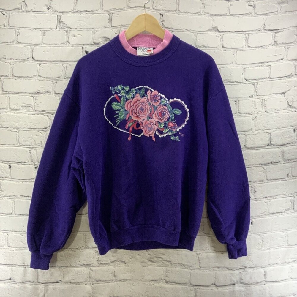Jerzees Morning Sun Vtg 80's Pullover Granny Sweater Womens Sz L Floral‎ Purple